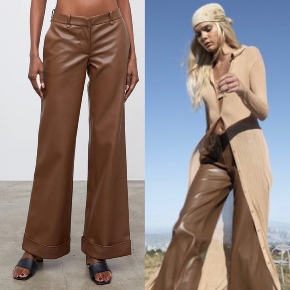 Aya Muse Charlie Low Rise Wide Leg Faux Vegan Leather Pants Brown Casual Party - Picture 1 of 8
